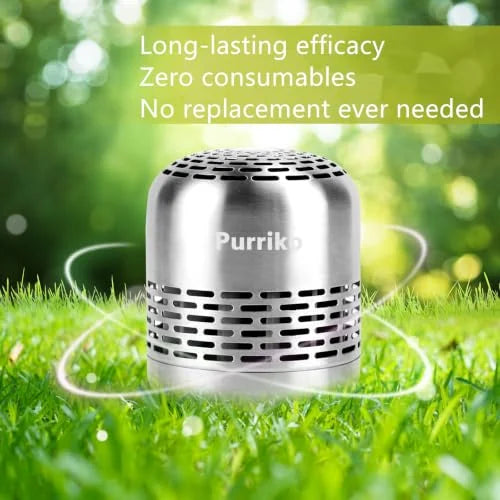 Purriko branded compact cylindrical air purifier with brushed silver metal finish and ventilation slots, shown outdoors on grass. Text overlay reads: Long-lasting efficacy, Zero consumables, No replacement ever needed.