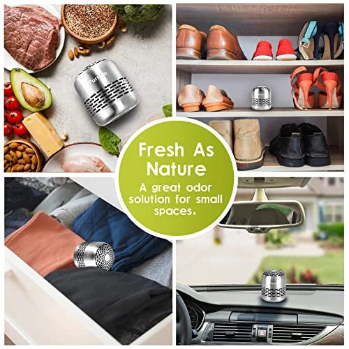 Four-panel lifestyle image of a small silver cylindrical odor eliminator shown in a refrigerator with fresh foods, a shoe closet, a clothing drawer, and on a car dashboard. Center text reads 'Fresh As Nature - A great odor solution for small spaces.', 2+ more images are available