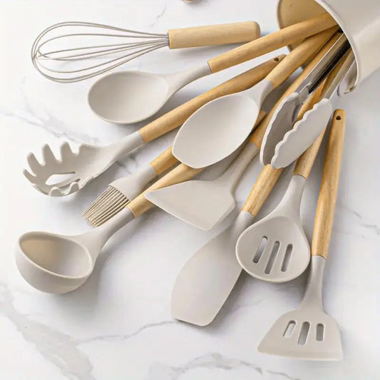 Non-Stick Silicone Cooking Utensils Set with Heat-Resistant Wooden Handles