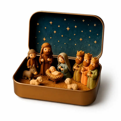 Pocket-Sized Nativity Scene Set in Festive Storage Tin Box