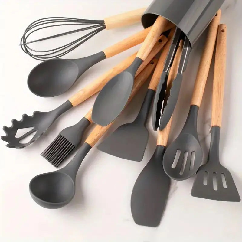 Non-Stick Silicone Cooking Utensils Set with Heat-Resistant Wooden Handles