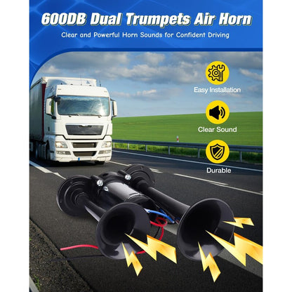 150dB Ultra-Loud Dual Trumpet 12V Air Horn Kit for Trucks & Cars