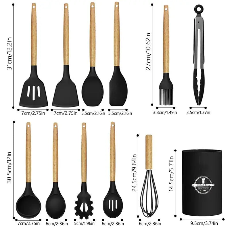 Non-Stick Silicone Cooking Utensils Set with Heat-Resistant Wooden Handles