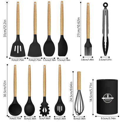 Non-Stick Silicone Cooking Utensils Set with Heat-Resistant Wooden Handles