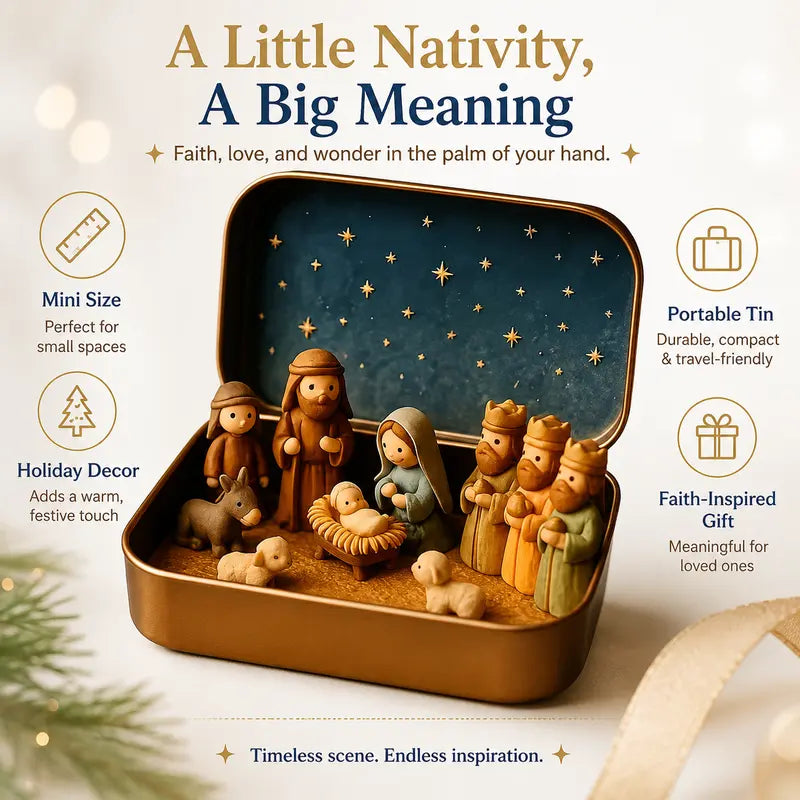 Pocket-Sized Nativity Scene Set in Festive Storage Tin Box