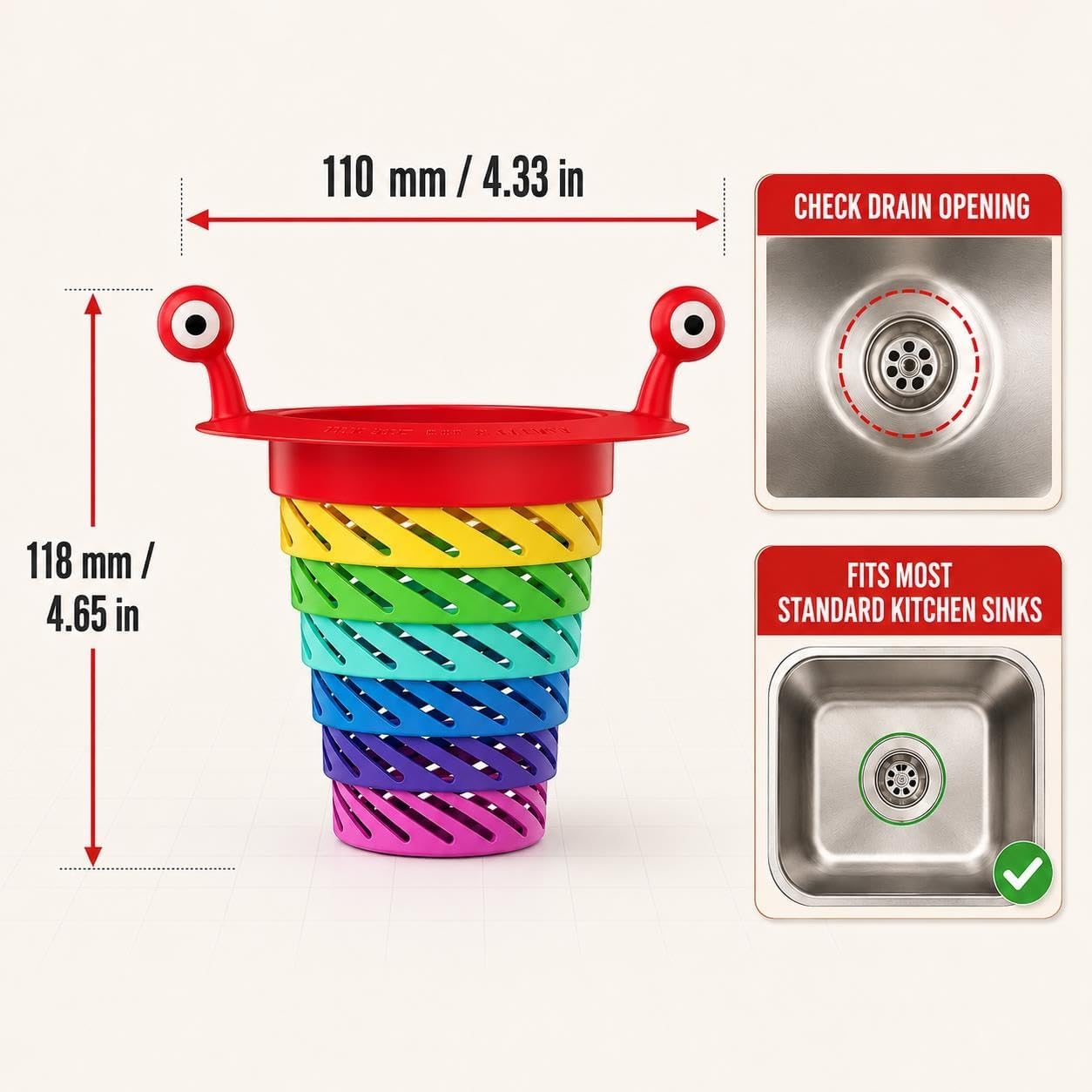Collapsible Rainbow Sink Strainer Basket with Monster Handles