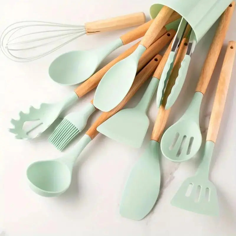 Non-Stick Silicone Cooking Utensils Set with Heat-Resistant Wooden Handles