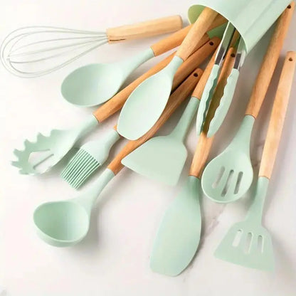 Non-Stick Silicone Cooking Utensils Set with Heat-Resistant Wooden Handles