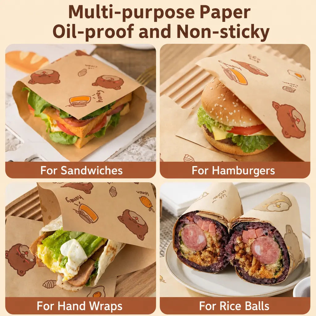 50Pcs Greaseproof Paper Sandwich Bags - Food-Grade Kraft Snack Wraps