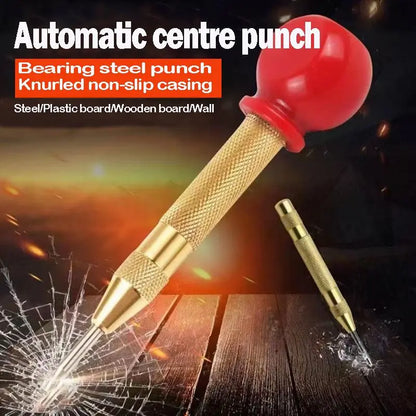Automatic Center Punch Tool with Cushioned Red Cap for Steel, Wood & Glass