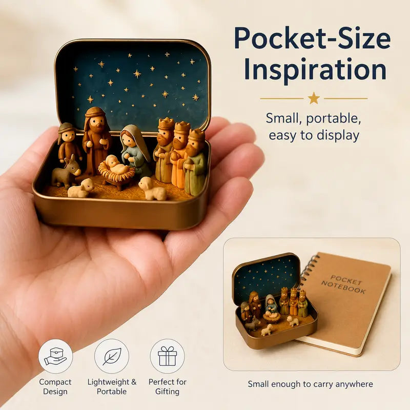 Pocket-Sized Nativity Scene Set in Festive Storage Tin Box