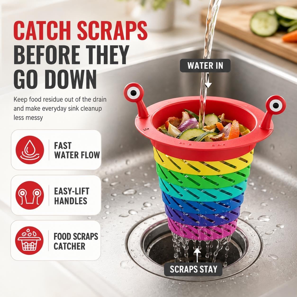 Collapsible Rainbow Sink Strainer Basket with Monster Handles