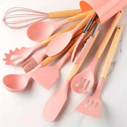 Non-Stick Silicone Cooking Utensils Set with Heat-Resistant Wooden Handles