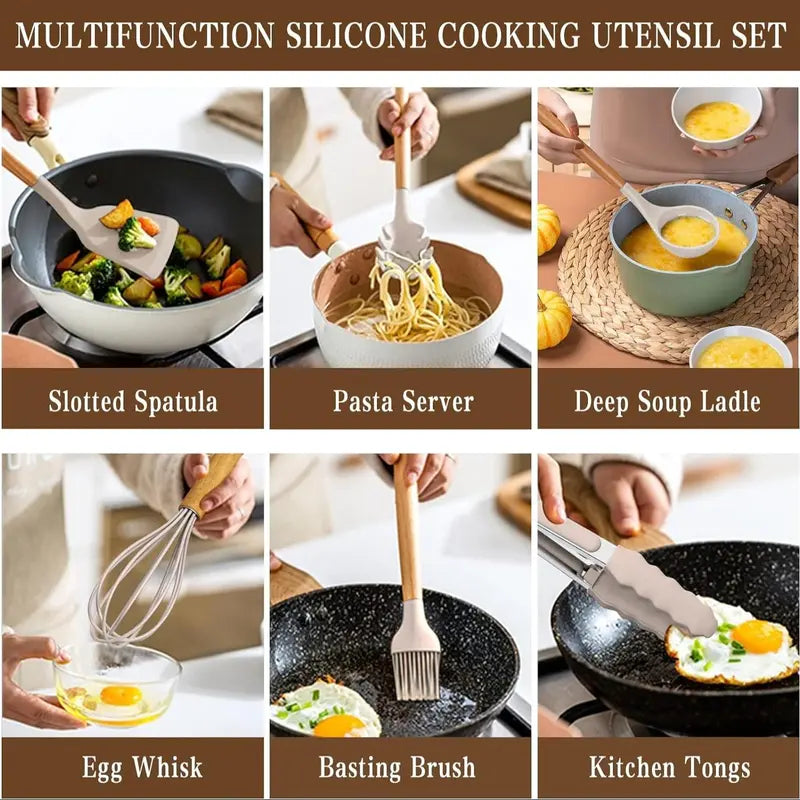 Non-Stick Silicone Cooking Utensils Set with Heat-Resistant Wooden Handles
