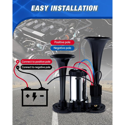 150dB Ultra-Loud Dual Trumpet 12V Air Horn Kit for Trucks & Cars