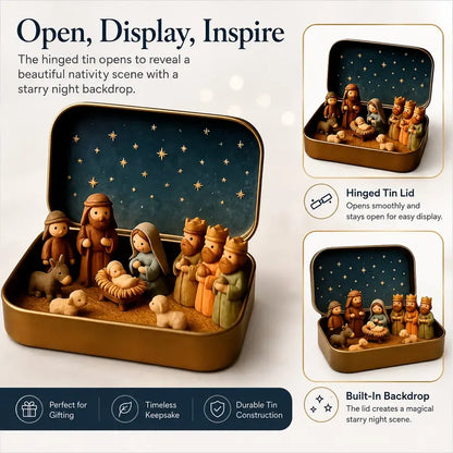 Pocket-Sized Nativity Scene Set in Festive Storage Tin Box