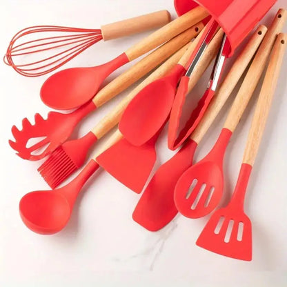 Non-Stick Silicone Cooking Utensils Set with Heat-Resistant Wooden Handles
