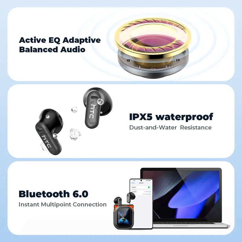 Smart Touchscreen Wireless Earbuds with -50dB Active Noise Cancellation
