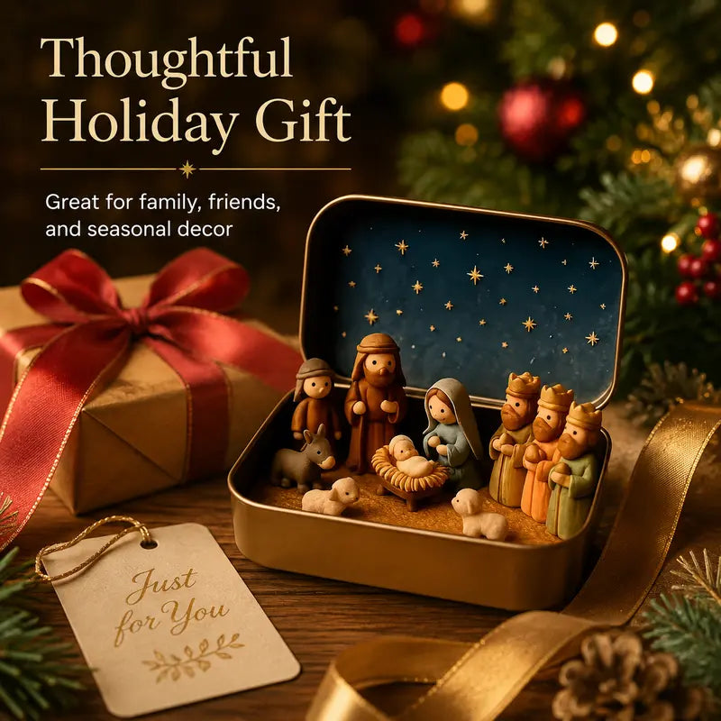 Pocket-Sized Nativity Scene Set in Festive Storage Tin Box