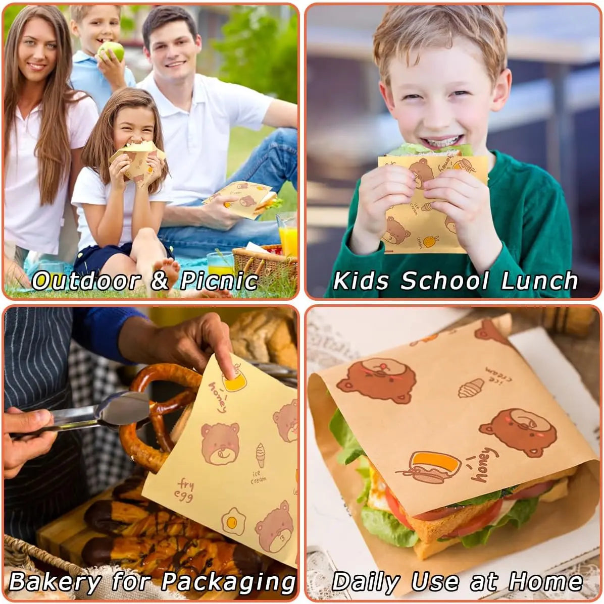 50Pcs Greaseproof Paper Sandwich Bags - Food-Grade Kraft Snack Wraps