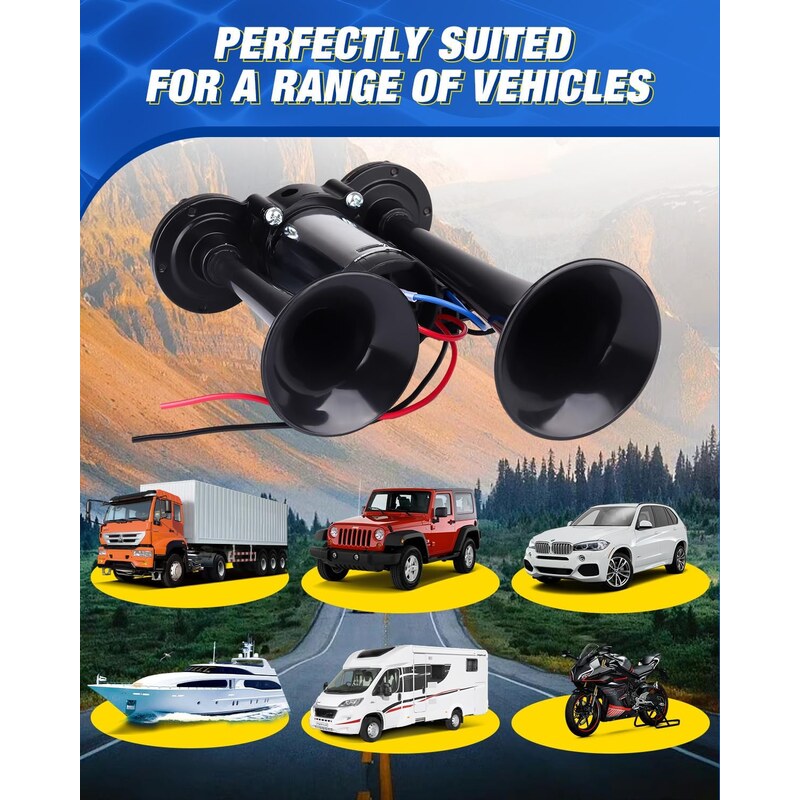 150dB Ultra-Loud Dual Trumpet 12V Air Horn Kit for Trucks & Cars