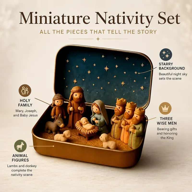 Pocket-Sized Nativity Scene Set in Festive Storage Tin Box