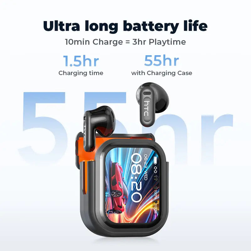 Smart Touchscreen Wireless Earbuds with -50dB Active Noise Cancellation