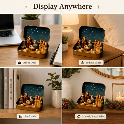 Pocket-Sized Nativity Scene Set in Festive Storage Tin Box