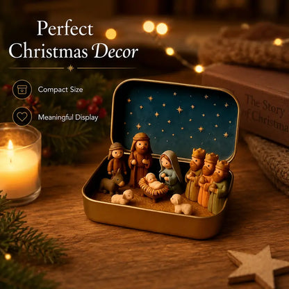 Pocket-Sized Nativity Scene Set in Festive Storage Tin Box