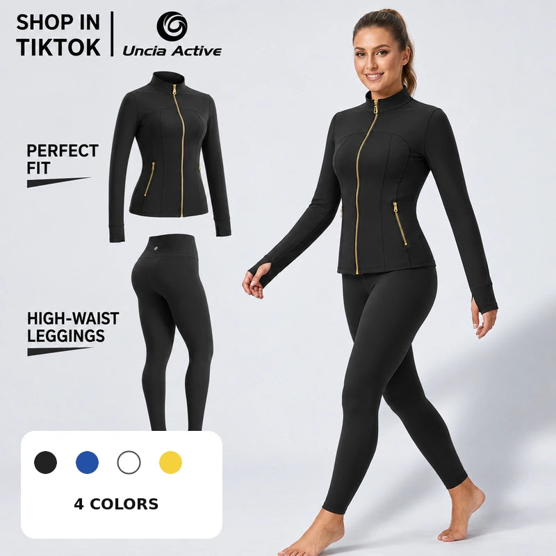 Sculpting Gold Zipper Jacket & High-Waist Yoga Leggings Set | Outfit set