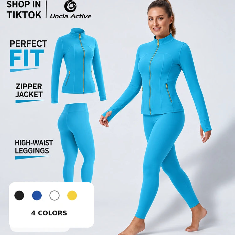 Sculpting Gold Zipper Jacket & High-Waist Yoga Leggings Set | Outfit set