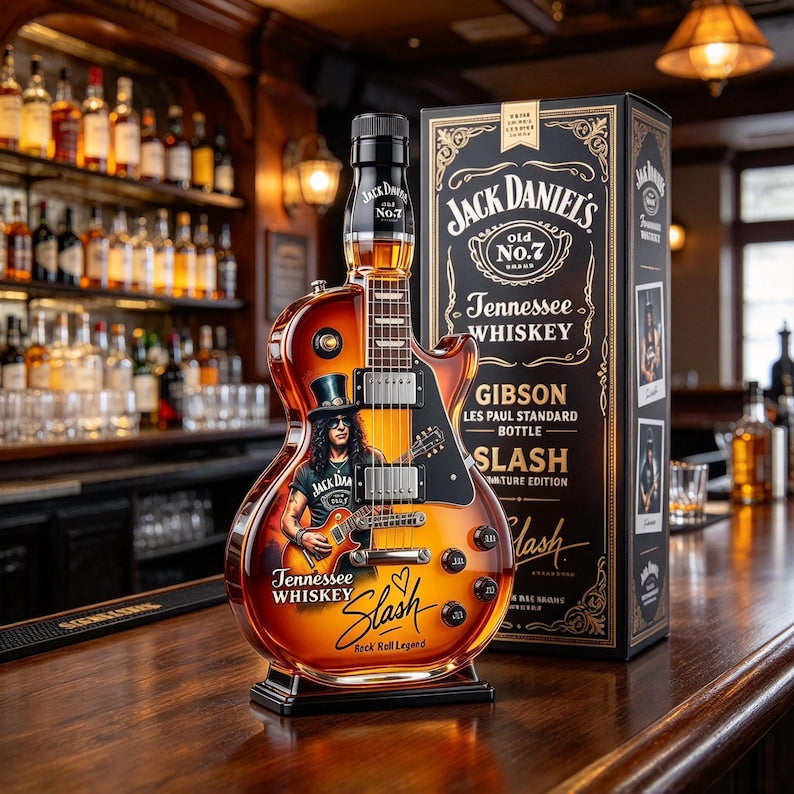 Guitar-shaped glass decanter. Two empty bottles per set; liquor not included.