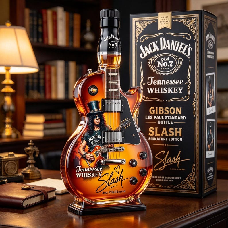 Guitar-shaped glass decanter. Two empty bottles per set; liquor not included.