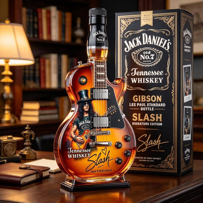 Guitar-shaped glass decanter. Two empty bottles per set; liquor not included.