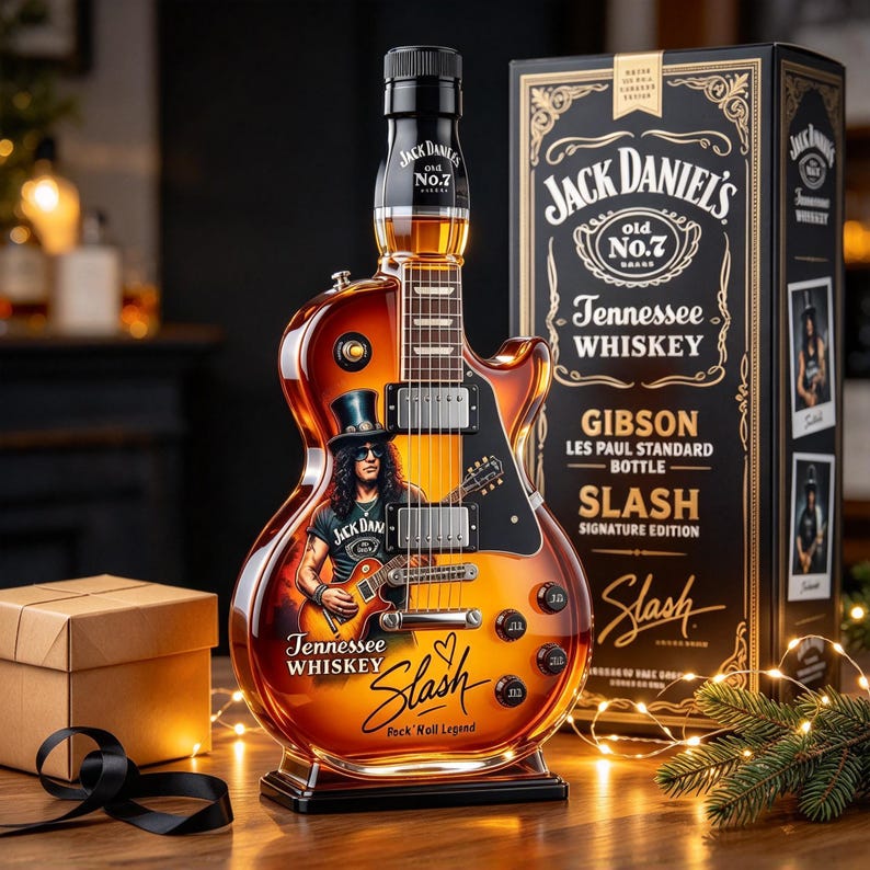Guitar-shaped glass decanter. Two empty bottles per set; liquor not included.