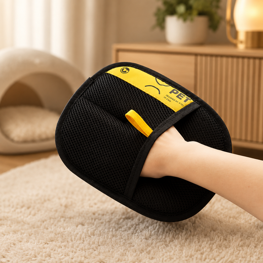Black pet hair remover glove. Two gloves per set; source product photo.