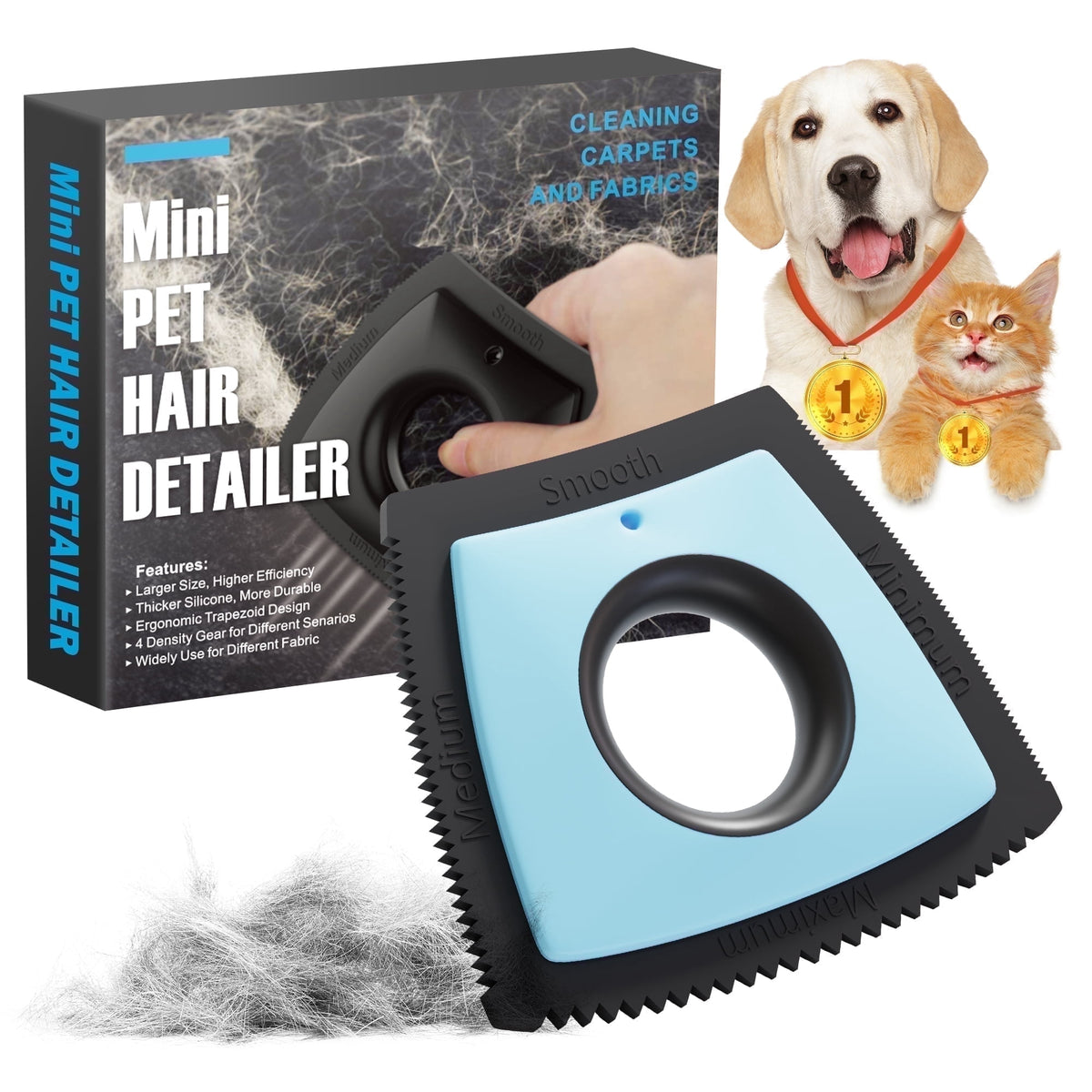 Blue and black four-edge reusable pet hair remover; source product photo.