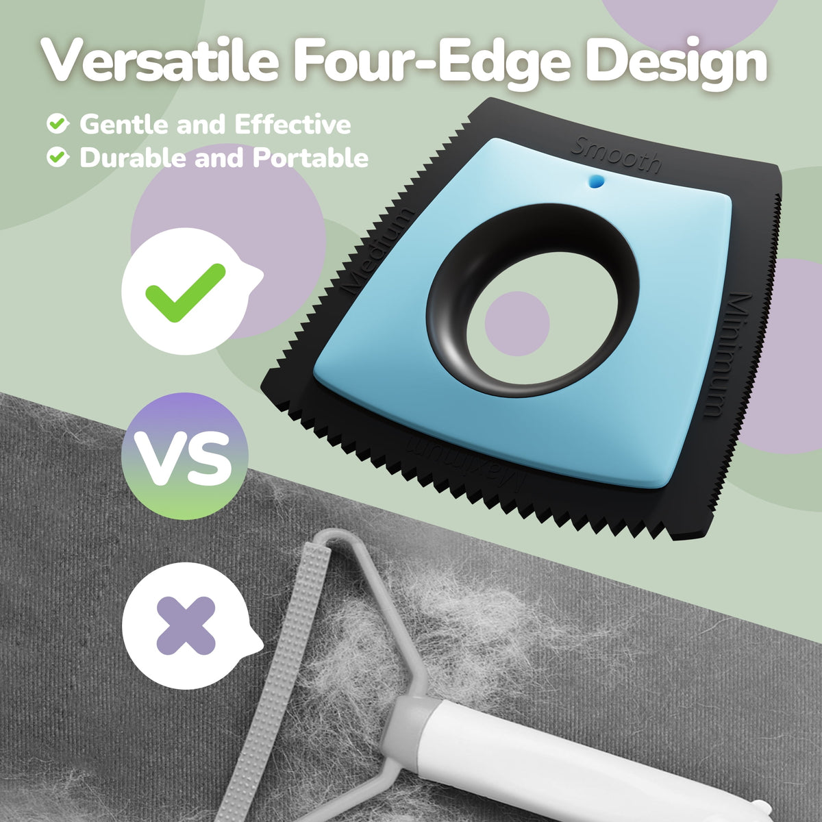 Blue and black four-edge reusable pet hair remover; source product photo.