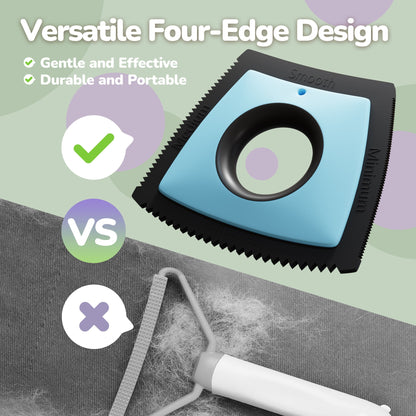 Blue and black four-edge reusable pet hair remover; source product photo.