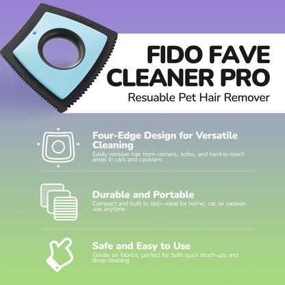 Blue and black four-edge reusable pet hair remover; source product photo.