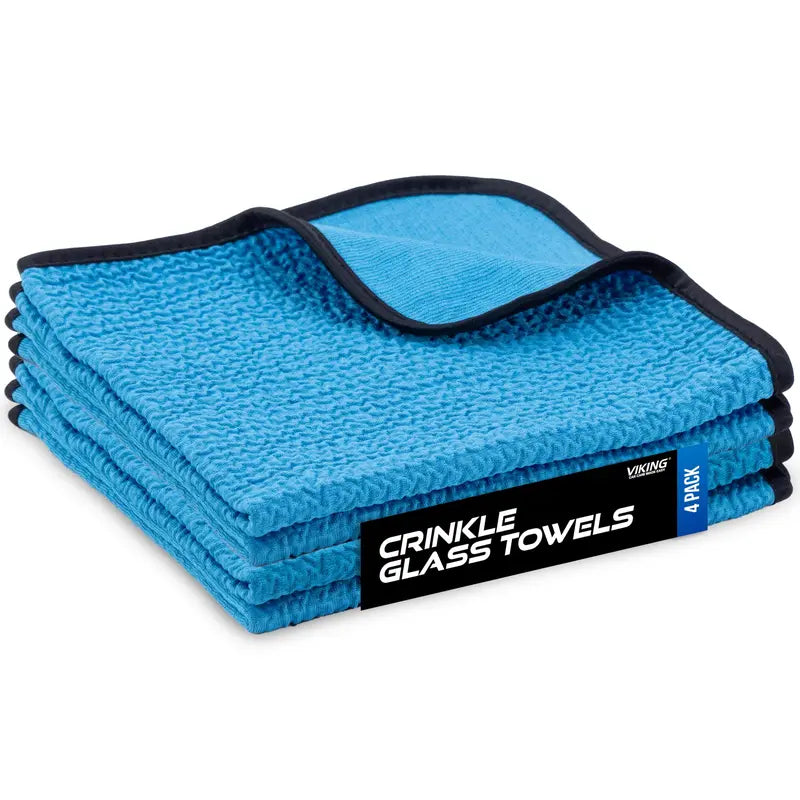 Four blue dual-sided microfiber glass cleaning cloths