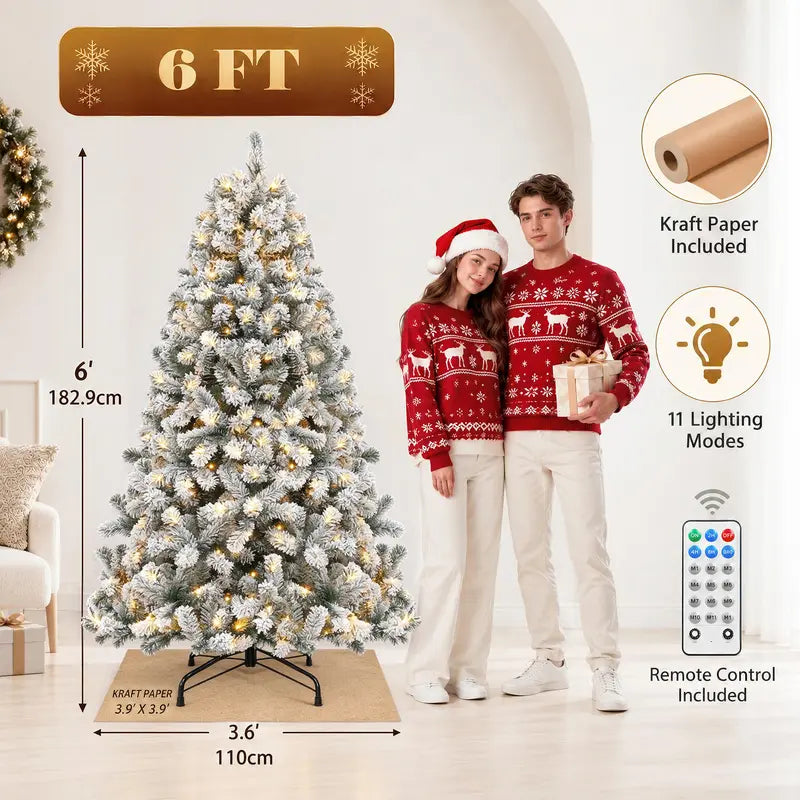 6 FT Pre-Lit Flocked Snowy Christmas Tree with Remote