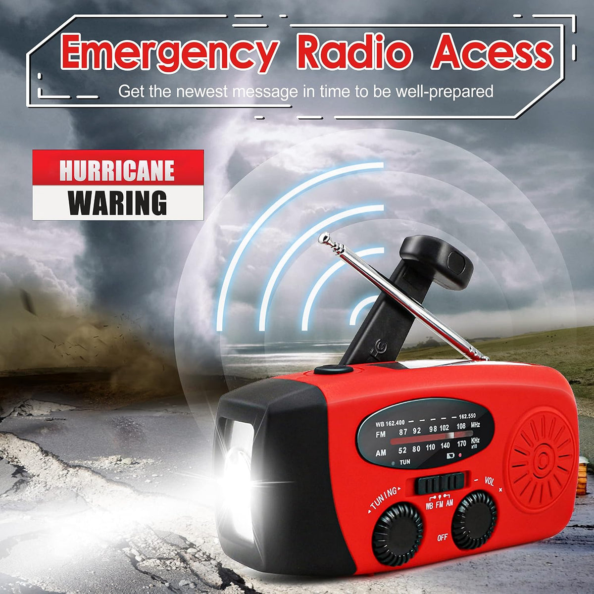 2000mAh Solar Hand Crank Emergency Weather Radio LED Flashlight Phone Charger