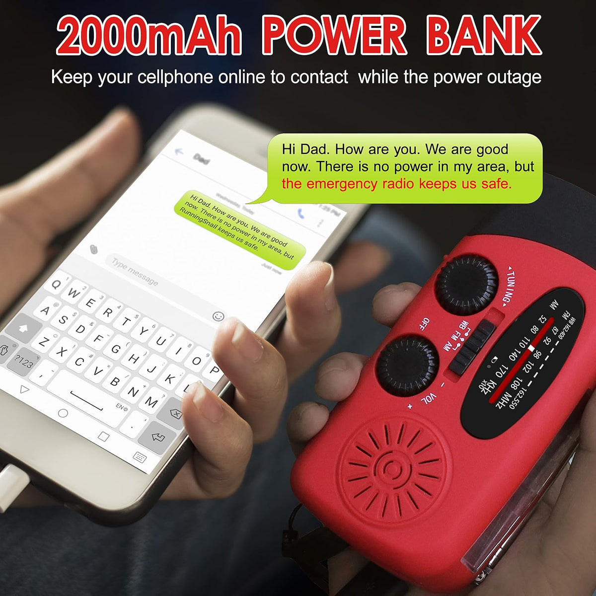 2000mAh Solar Hand Crank Emergency Weather Radio LED Flashlight Phone Charger