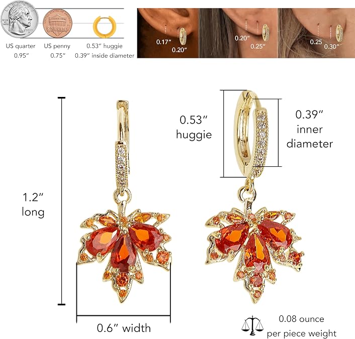 Red Crystal Maple Leaf Dangle Huggie Earrings | Buy 1 Get 1 Free