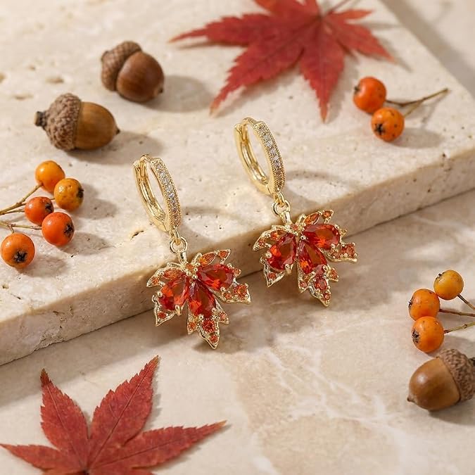 Red Crystal Maple Leaf Dangle Huggie Earrings | Buy 1 Get 1 Free