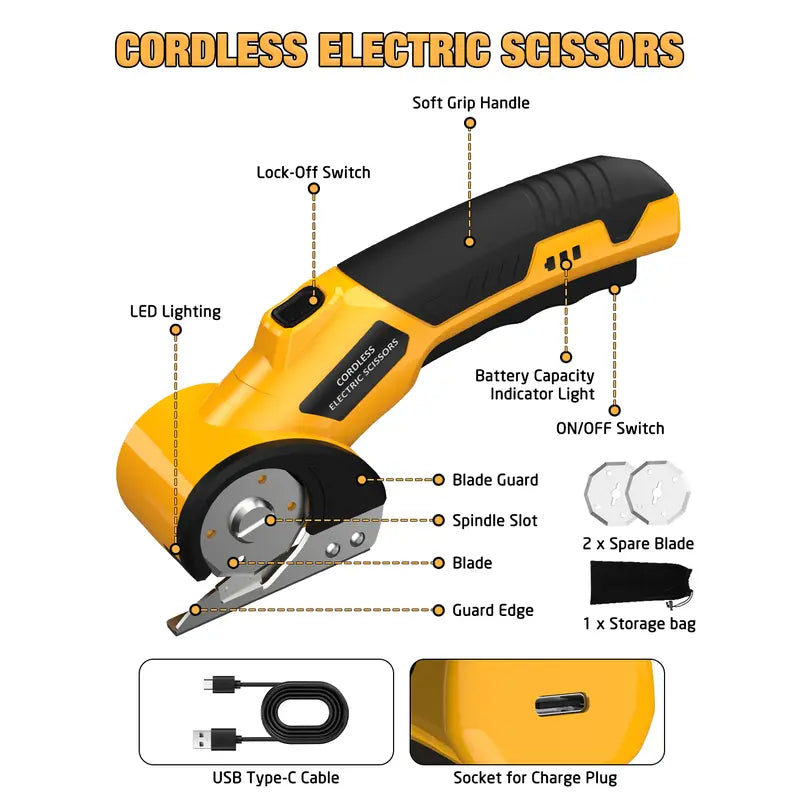 WELLMALL Zeleki 4V Cordless Electric Scissors - Rechargeable Heavy Duty Tool with Auto-Lock Safety