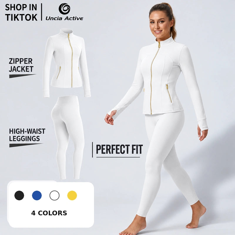 Sculpting Gold Zipper Jacket & High-Waist Yoga Leggings Set | Outfit set
