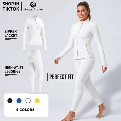 Sculpting Gold Zipper Jacket & High-Waist Yoga Leggings Set | Outfit set