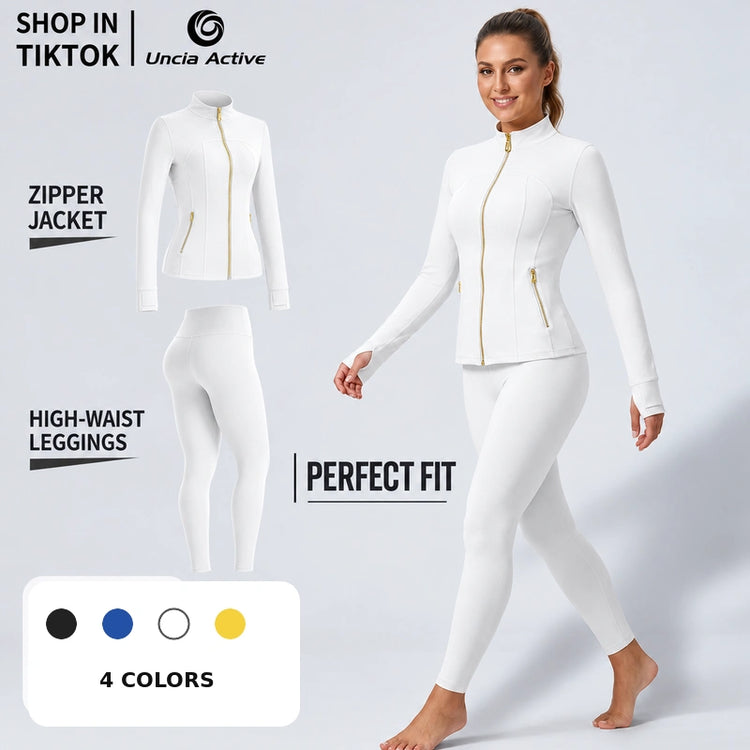 Sculpting Gold Zipper Jacket & High-Waist Yoga Leggings Set | Outfit set